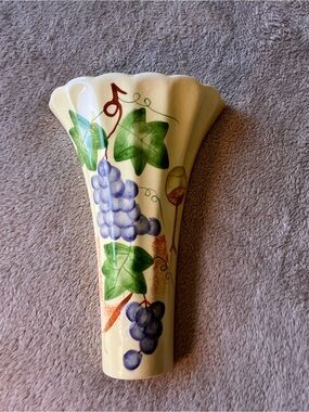 Vintage Hand-Painted Ceramic Vase Grape Motif Wall Hanging Farmhouse Cottage